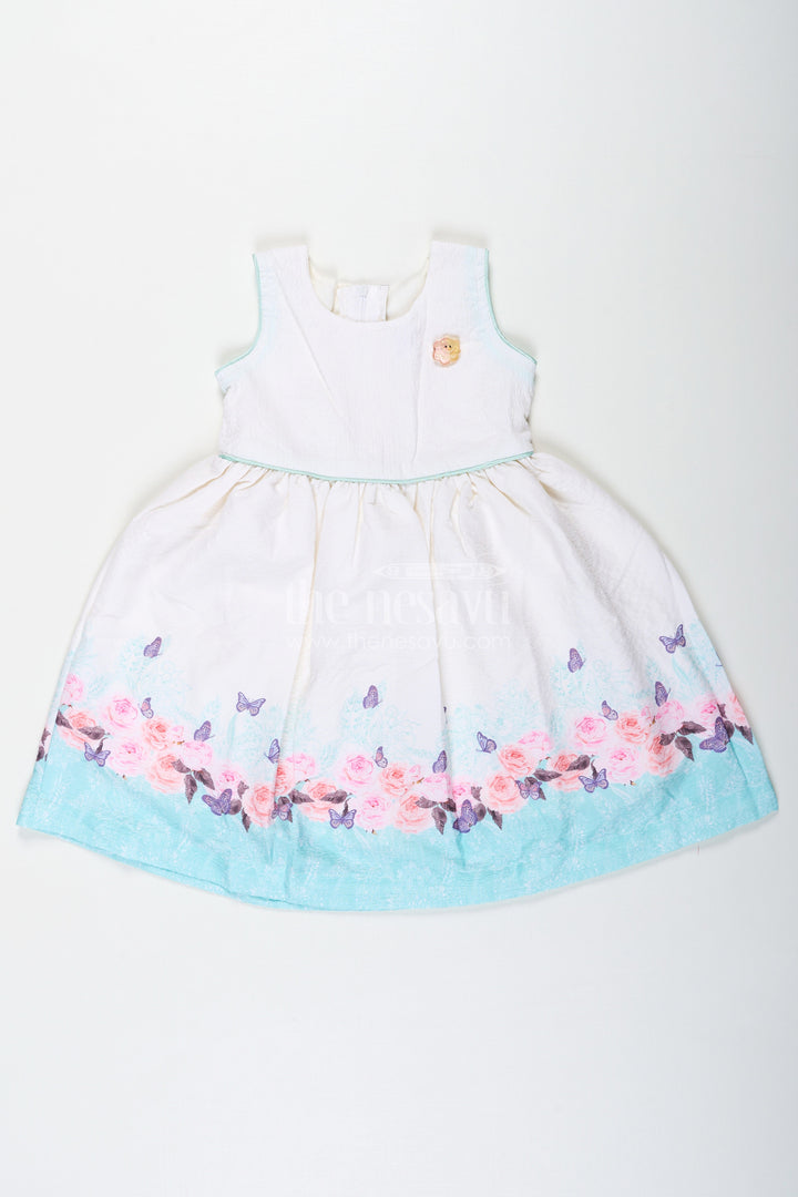The Nesavu Girls Cotton Frock Girls Cotton White Frock Medium with Floral Printed Hem and Butterfly Accents Nesavu 20 (3Y) / White GFC1655A-20 Nesavu Girls Cotton White Frock Medium Floral Printed Hem Butterfly Accents