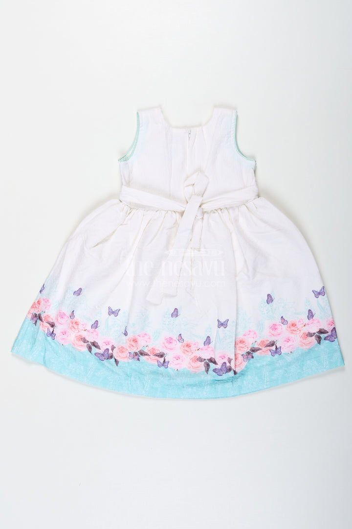 The Nesavu Girls Cotton Frock Girls Cotton White Frock Medium with Floral Printed Hem and Butterfly Accents Nesavu Nesavu Girls Cotton White Frock Medium Floral Printed Hem Butterfly Accents