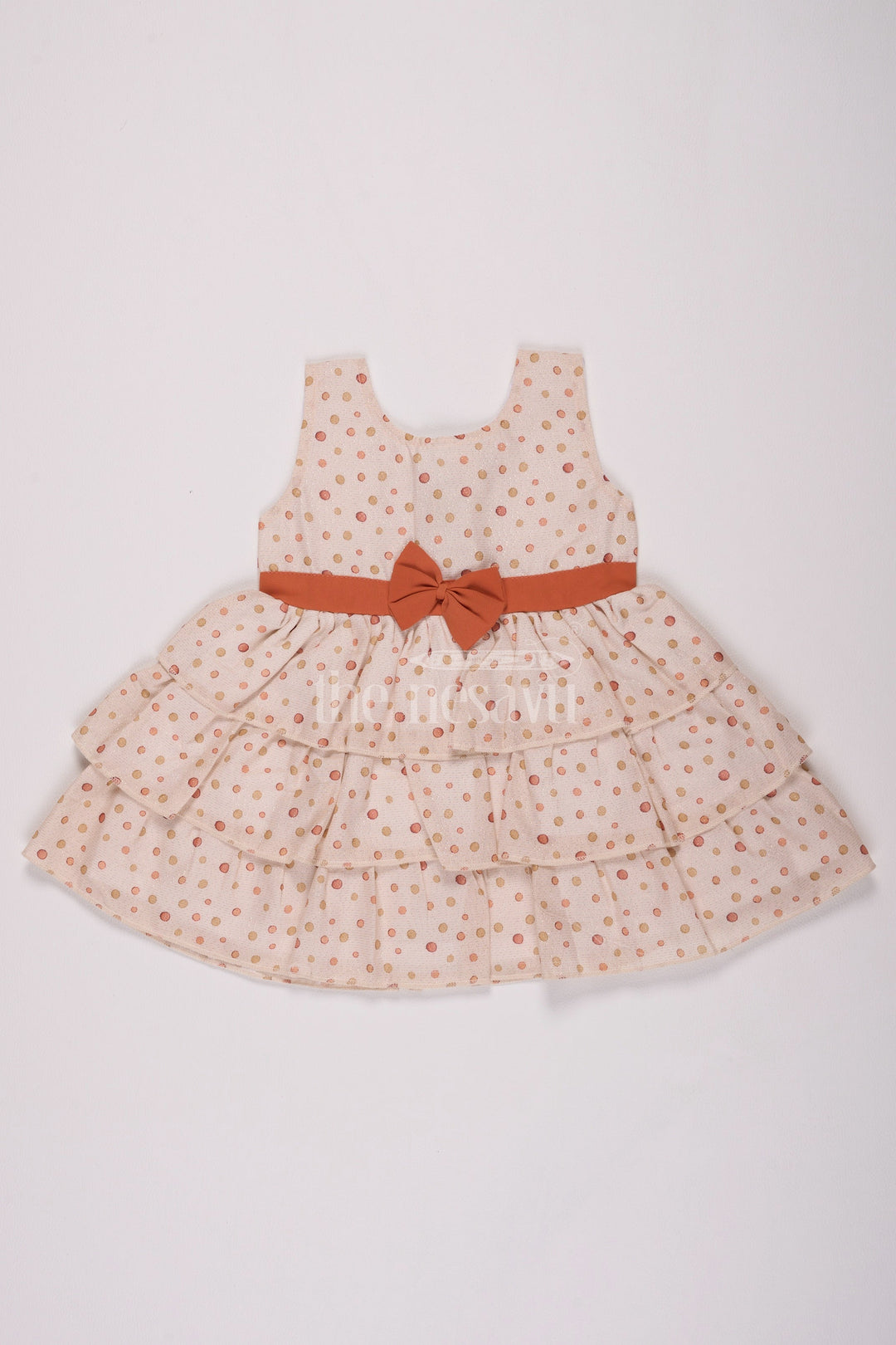 The Nesavu Baby Cotton Frocks Girls Cream Brasso Polka Dot Dress with Rust Bow and Layered Skirt for Festive Gatherings Nesavu 14 (6M) / Cream BFJ645B-14 Nesavu Girls Cream Brasso Dress Gold Polka Dots Layered Skirt Festive Events