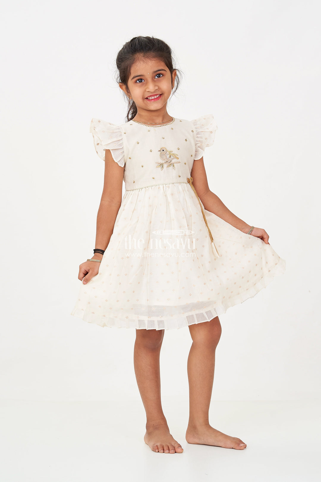 The Nesavu Girls Chanderi Frock Girls Cream Chanderi Simple Frocks with Embroidered Bird Motif and Frilled Sleeves Nesavu 16 (1Y) / Cream GFC1682A-16 Cream Chanderi Simple Frocks Girls Bird Embroidery Frilled Sleeves | The Nesavu