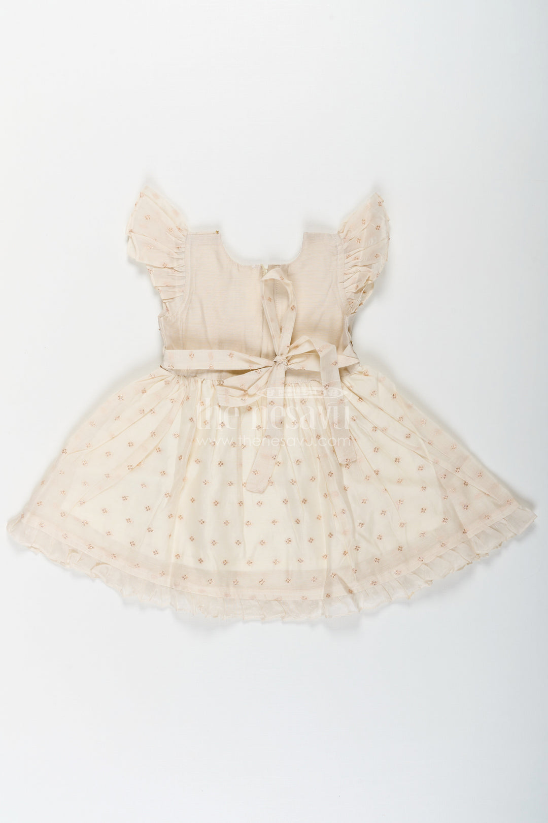 The Nesavu Girls Chanderi Frock Girls Cream Chanderi Simple Frocks with Embroidered Bird Motif and Frilled Sleeves Nesavu Cream Chanderi Simple Frocks Girls Bird Embroidery Frilled Sleeves | The Nesavu