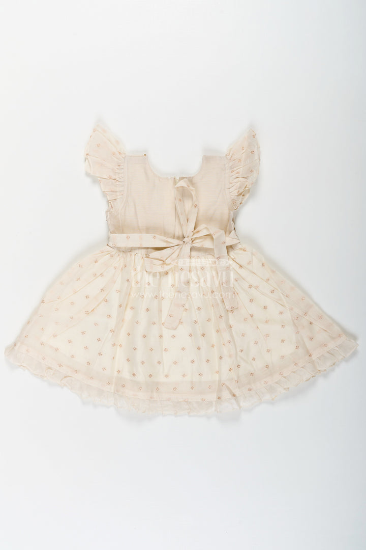 The Nesavu Girls Chanderi Frock Girls Cream Chanderi Simple Frocks with Embroidered Bird Motif and Frilled Sleeves Nesavu Cream Chanderi Simple Frocks Girls Bird Embroidery Frilled Sleeves | The Nesavu