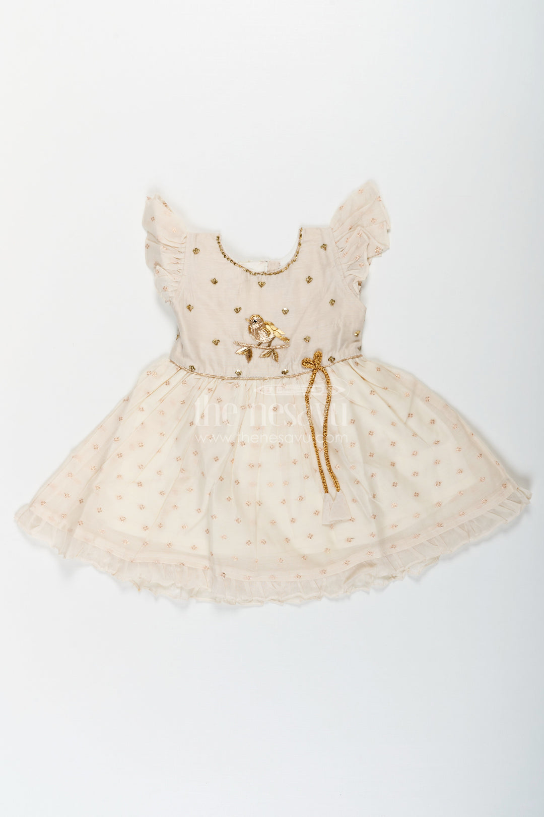 The Nesavu Girls Chanderi Frock Girls Cream Chanderi Simple Frocks with Embroidered Bird Motif and Frilled Sleeves Nesavu Cream Chanderi Simple Frocks Girls Bird Embroidery Frilled Sleeves | The Nesavu