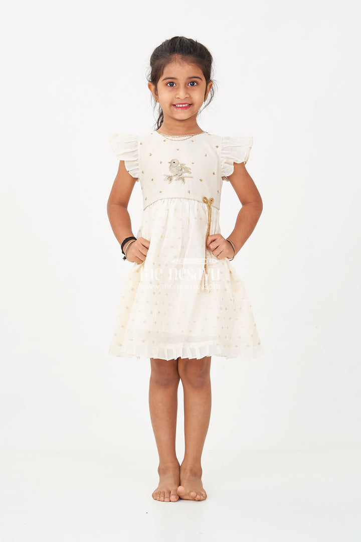 The Nesavu Girls Chanderi Frock Girls Cream Chanderi Simple Frocks with Embroidered Bird Motif and Frilled Sleeves Nesavu Cream Chanderi Simple Frocks Girls Bird Embroidery Frilled Sleeves | The Nesavu