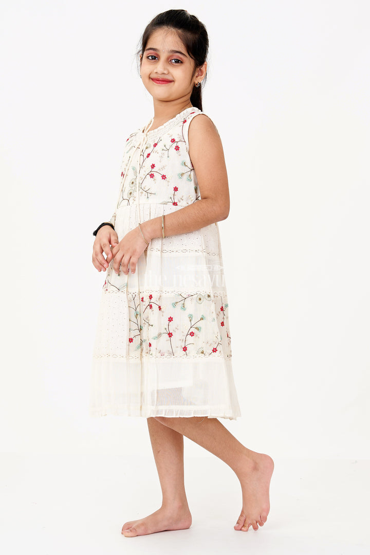 The Nesavu Girls Cotton Frock Girls Cream Color Frock with Embroidery and Pleated Skirt for Casual and Festive Wear Nesavu 22 (4Y) / Cream GFC1643A-22 Girls Cream Color Cotton Frock Embroidery Pleated Skirt Festive Wear | The Nesavu