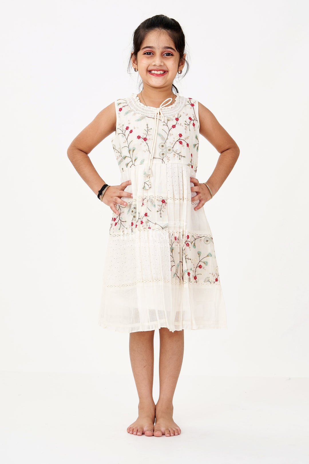The Nesavu Girls Cotton Frock Girls Cream Color Frock with Embroidery and Pleated Skirt for Casual and Festive Wear Nesavu Girls Cream Color Cotton Frock Embroidery Pleated Skirt Festive Wear | The Nesavu