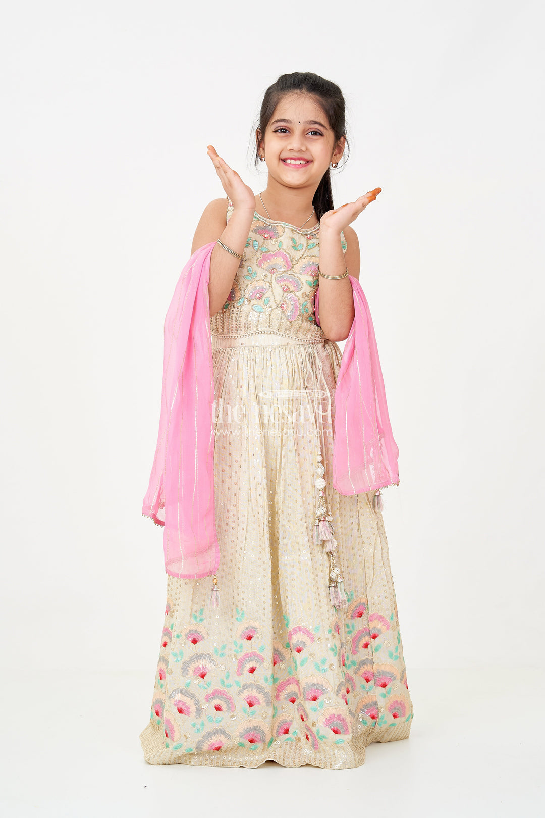 The Nesavu Girls Fancy Lehenga Girls cream color lehenga in Banarasi Kora Tissue Silk with Embroidered Blouse and Pink Dupatta Nesavu 24 (5Y) / Cream GL634A-24 Nesavu Girls cream color lehenga Banarasi Kora Tissue Silk Floral Embroidery Pink Dupatta