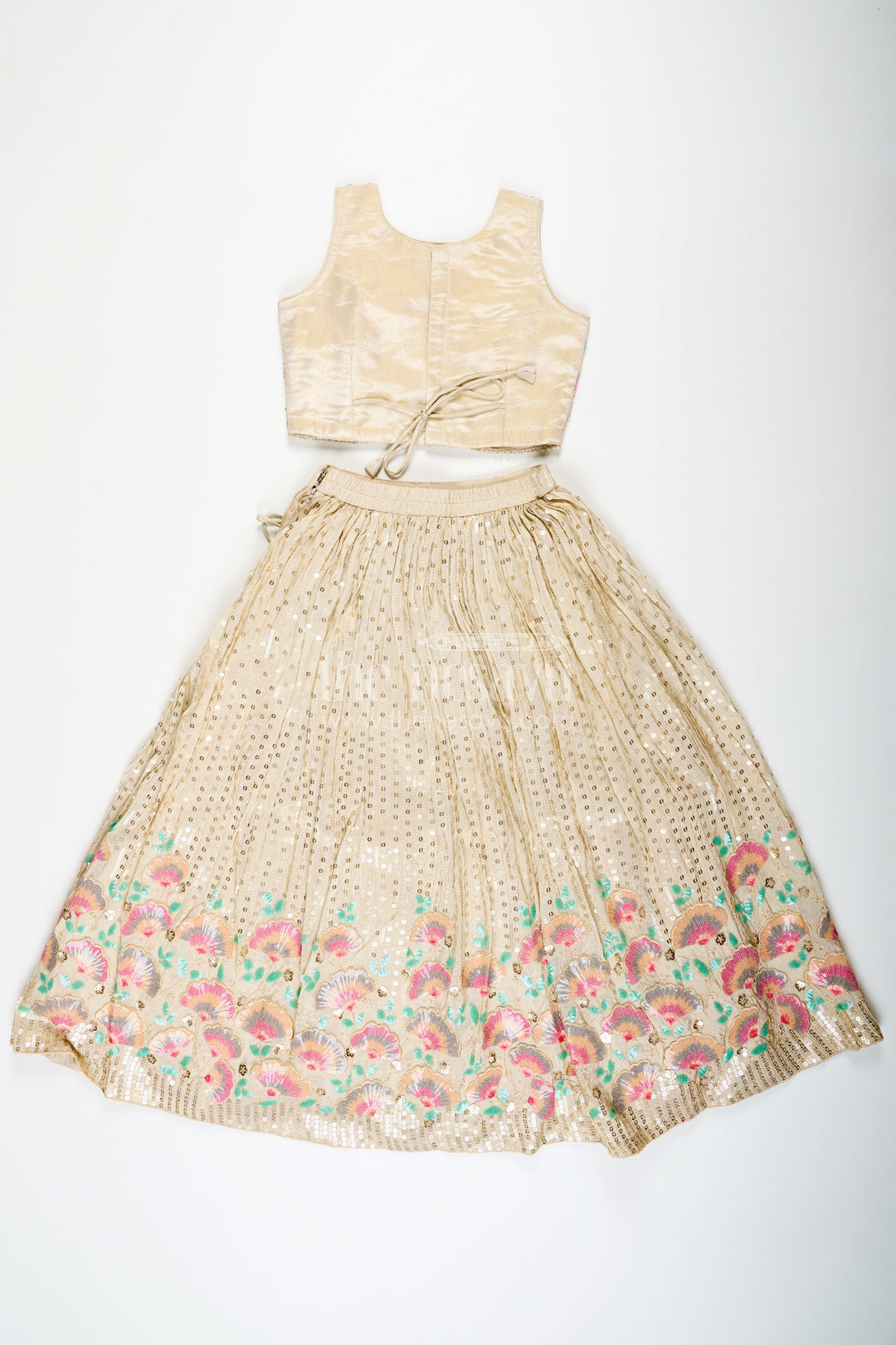 The Nesavu Girls Fancy Lehenga Girls Cream Color Lehenga in Banarasi Kora Tissue Silk with Embroidered Blouse and Pink Dupatta Nesavu Girls cream color lehenga Banarasi Kora Tissue Silk Floral Embroidery Pink Dupatta | The Nesavu