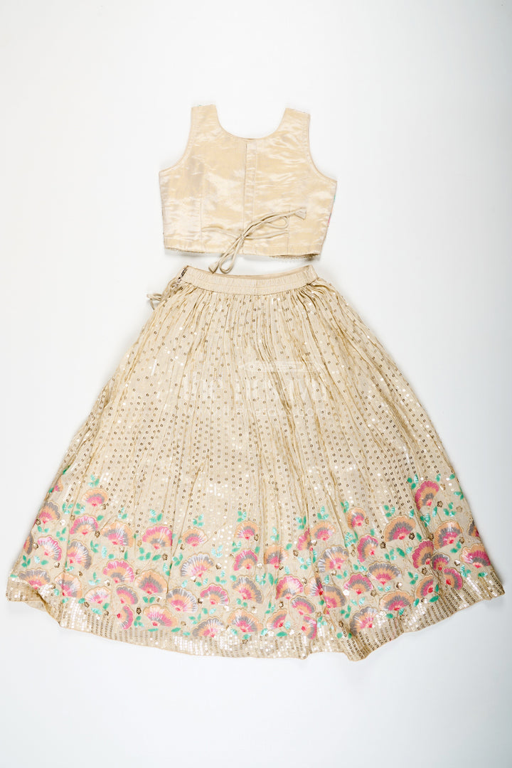 The Nesavu Girls Fancy Lehenga Girls Cream Color Lehenga in Banarasi Kora Tissue Silk with Embroidered Blouse and Pink Dupatta Nesavu Girls cream color lehenga Banarasi Kora Tissue Silk Floral Embroidery Pink Dupatta | The Nesavu