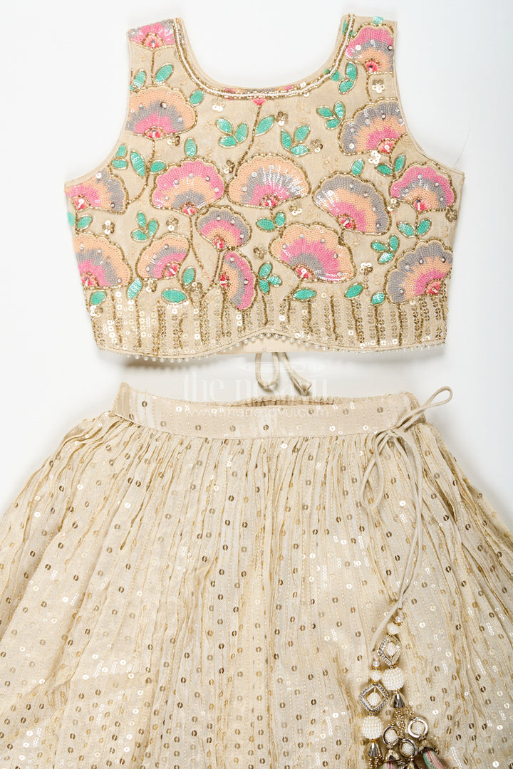 The Nesavu Girls Fancy Lehenga Girls Cream Color Lehenga in Banarasi Kora Tissue Silk with Embroidered Blouse and Pink Dupatta Nesavu Girls cream color lehenga Banarasi Kora Tissue Silk Floral Embroidery Pink Dupatta | The Nesavu
