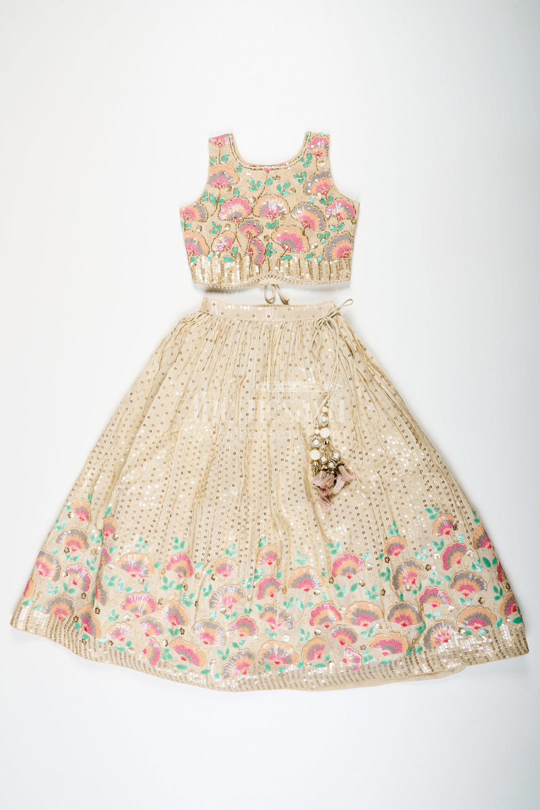 The Nesavu Girls Fancy Lehenga Girls Cream Color Lehenga in Banarasi Kora Tissue Silk with Embroidered Blouse and Pink Dupatta Nesavu Girls cream color lehenga Banarasi Kora Tissue Silk Floral Embroidery Pink Dupatta | The Nesavu