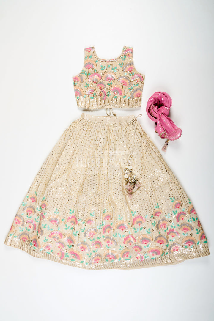 The Nesavu Girls Fancy Lehenga Girls Cream Color Lehenga in Banarasi Kora Tissue Silk with Embroidered Blouse and Pink Dupatta Nesavu Girls cream color lehenga Banarasi Kora Tissue Silk Floral Embroidery Pink Dupatta | The Nesavu