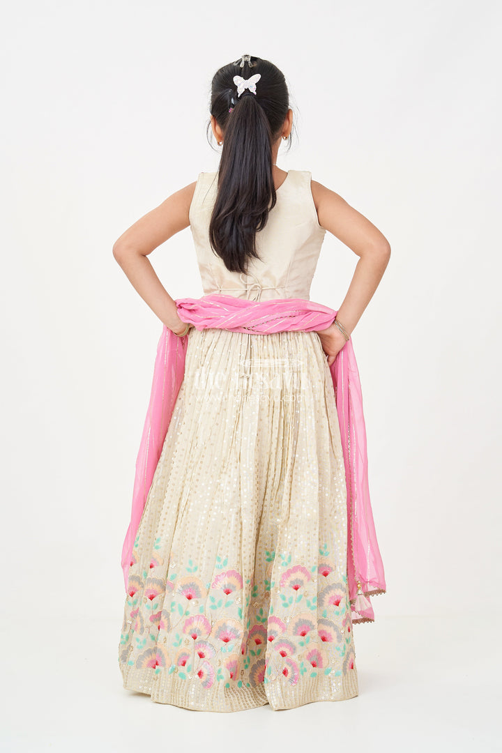 The Nesavu Girls Fancy Lehenga Girls Cream Color Lehenga in Banarasi Kora Tissue Silk with Embroidered Blouse and Pink Dupatta Nesavu Girls cream color lehenga Banarasi Kora Tissue Silk Floral Embroidery Pink Dupatta | The Nesavu