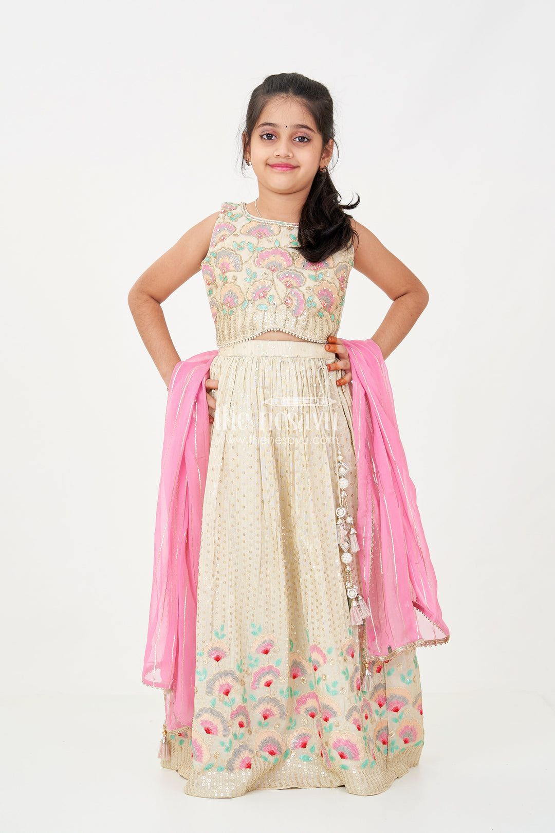 The Nesavu Girls Fancy Lehenga Girls Cream Color Lehenga in Banarasi Kora Tissue Silk with Embroidered Blouse and Pink Dupatta Nesavu Girls cream color lehenga Banarasi Kora Tissue Silk Floral Embroidery Pink Dupatta | The Nesavu