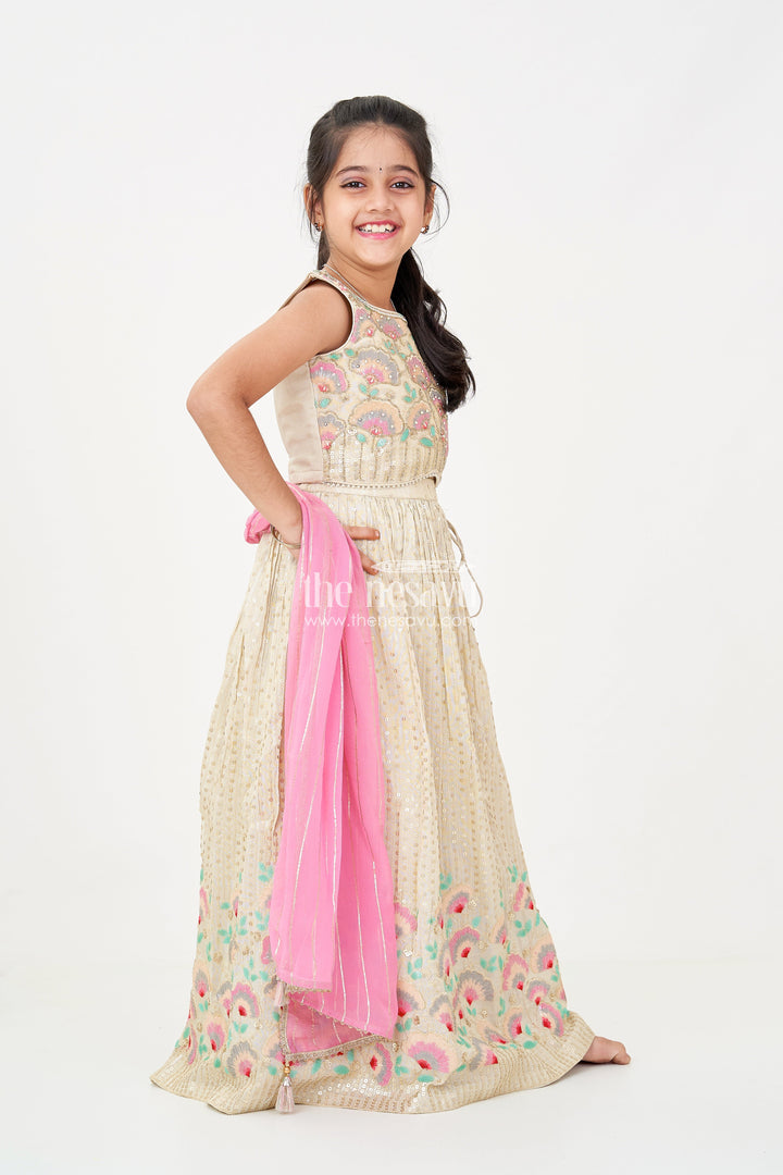 The Nesavu Girls Fancy Lehenga Girls Cream Color Lehenga in Banarasi Kora Tissue Silk with Embroidered Blouse and Pink Dupatta Nesavu Girls cream color lehenga Banarasi Kora Tissue Silk Floral Embroidery Pink Dupatta | The Nesavu