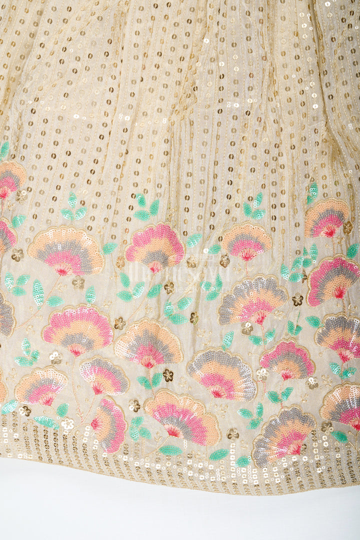 The Nesavu Girls Fancy Lehenga Girls cream color lehenga in Banarasi Kora Tissue Silk with Embroidered Blouse and Pink Dupatta Nesavu Nesavu Girls cream color lehenga Banarasi Kora Tissue Silk Floral Embroidery Pink Dupatta
