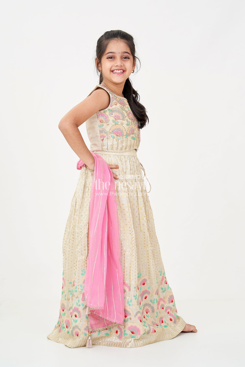 The Nesavu Girls Fancy Lehenga Girls cream color lehenga in Banarasi Kora Tissue Silk with Embroidered Blouse and Pink Dupatta Nesavu Nesavu Girls cream color lehenga Banarasi Kora Tissue Silk Floral Embroidery Pink Dupatta
