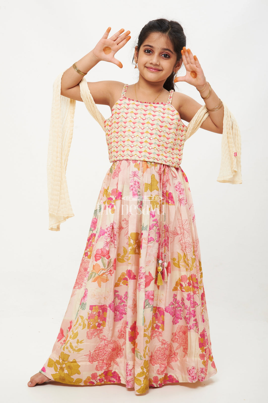 The Nesavu Girls Lehenga Choli Girls' Cream Floral Modal Silk Crop Top Lehenga Choli with Embroidery Nesavu 16 (1Y) / multicolor GL460A-16 Cream Floral Modal Silk Crop Top Lehenga Choli with Embroidery for Girls