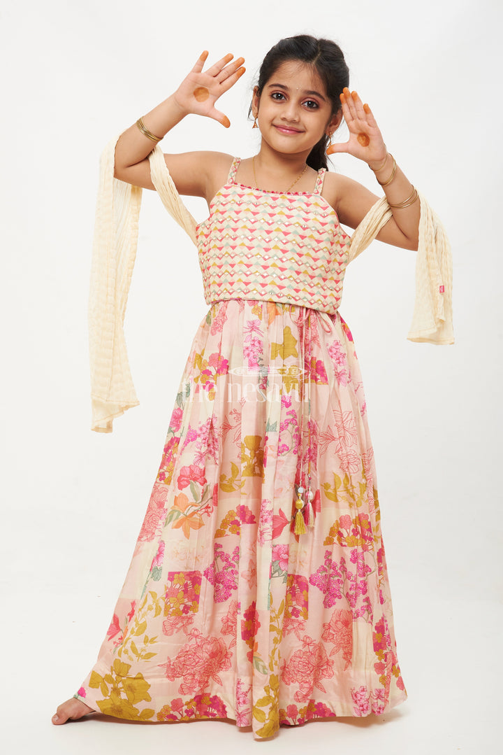 The Nesavu Girls Lehenga Choli Girls' Cream Floral Modal Silk Crop Top Lehenga Choli with Embroidery Nesavu 16 (1Y) / multicolor GL460A-16 Cream Floral Modal Silk Crop Top Lehenga Choli with Embroidery for Girls