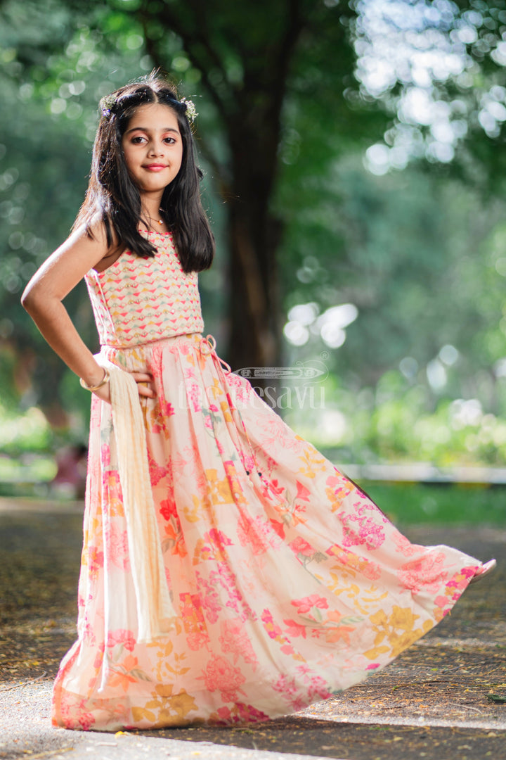 The Nesavu Girls Lehenga Choli Girls' Cream Floral Modal Silk Crop Top Lehenga Choli with Embroidery Nesavu 16 (1Y) / multicolor GL460A-16 Cream Floral Modal Silk Crop Top Lehenga Choli with Embroidery for Girls