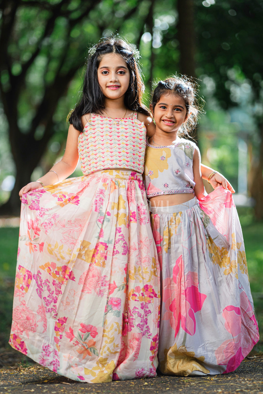 The Nesavu Girls Lehenga Choli Girls' Cream Floral Modal Silk Crop Top Lehenga Choli with Embroidery Nesavu Cream Floral Modal Silk Crop Top Lehenga Choli with Embroidery for Girls