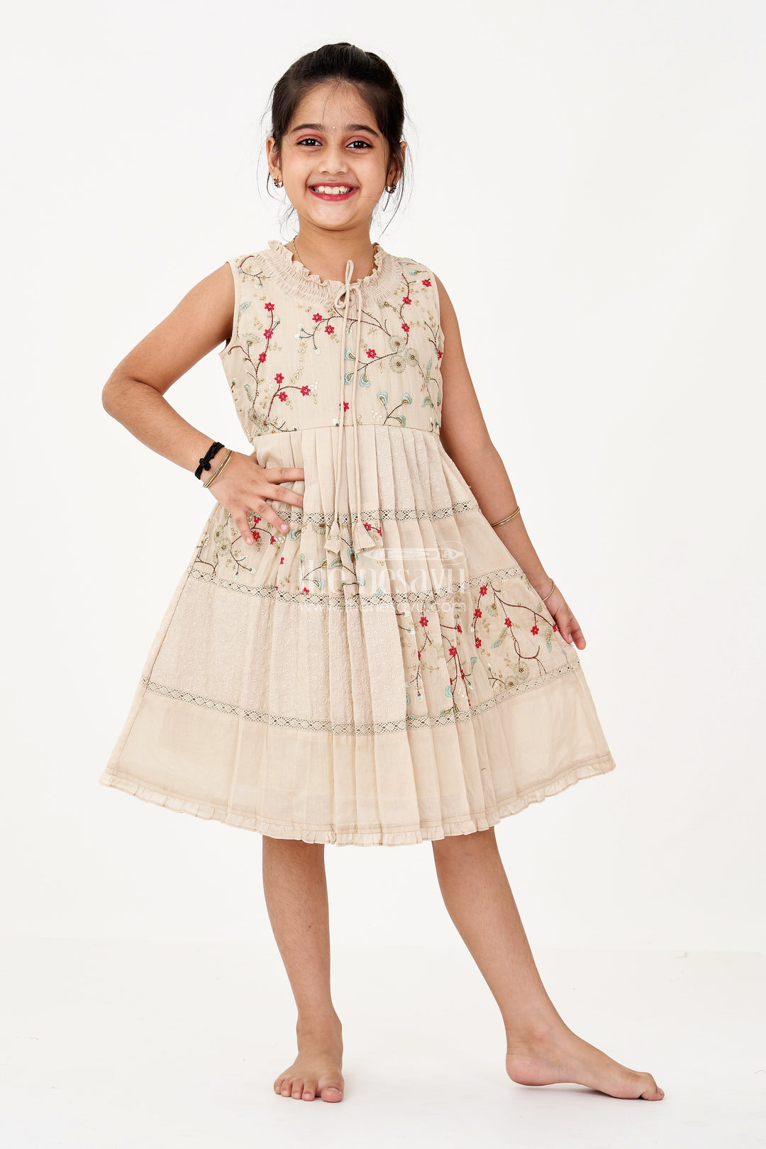 The Nesavu Girls Cotton Frock Girls Cream Frock for Kids with Floral Embroidery and Pleats for Everyday Elegance Nesavu 22 (4Y) / Cream GFC1643B-22 Girls Cream Frock Kids Embroidery Pleated Skirt Casual Festive Wear | The Nesavu