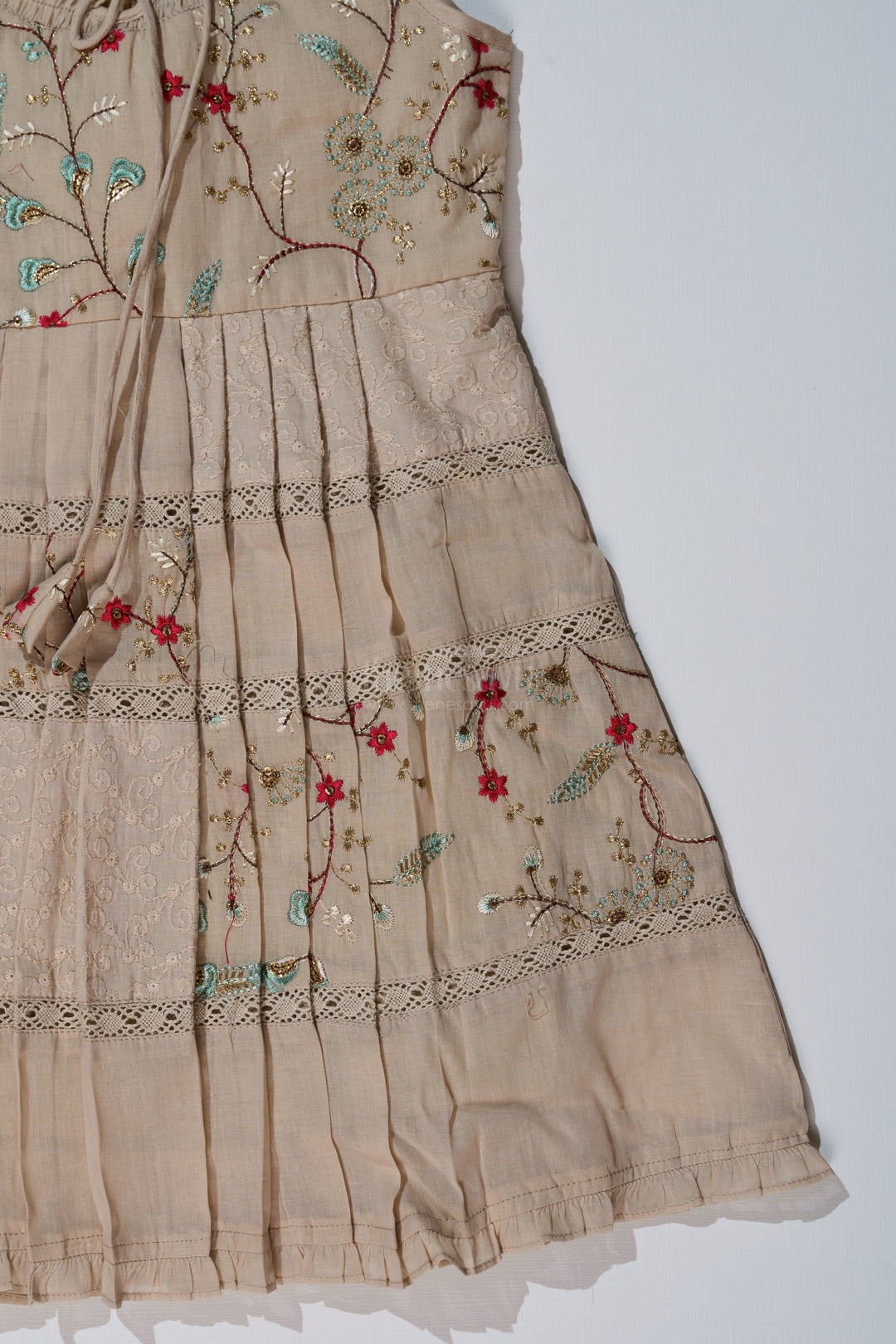 The Nesavu Girls Cotton Frock Girls Cream Frock for Kids with Floral Embroidery and Pleats for Everyday Elegance Nesavu Girls Cream Frock Kids Embroidery Pleated Skirt Casual Festive Wear | The Nesavu