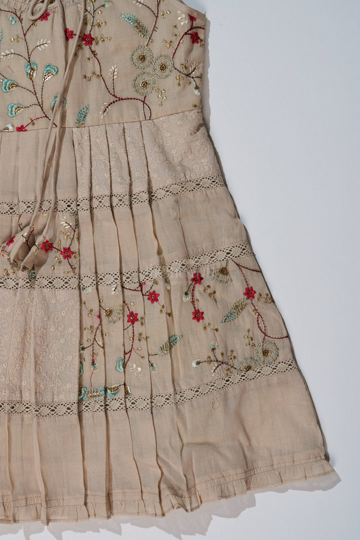 The Nesavu Girls Cotton Frock Girls Cream Frock for Kids with Floral Embroidery and Pleats for Everyday Elegance Nesavu Girls Cream Frock Kids Embroidery Pleated Skirt Casual Festive Wear | The Nesavu