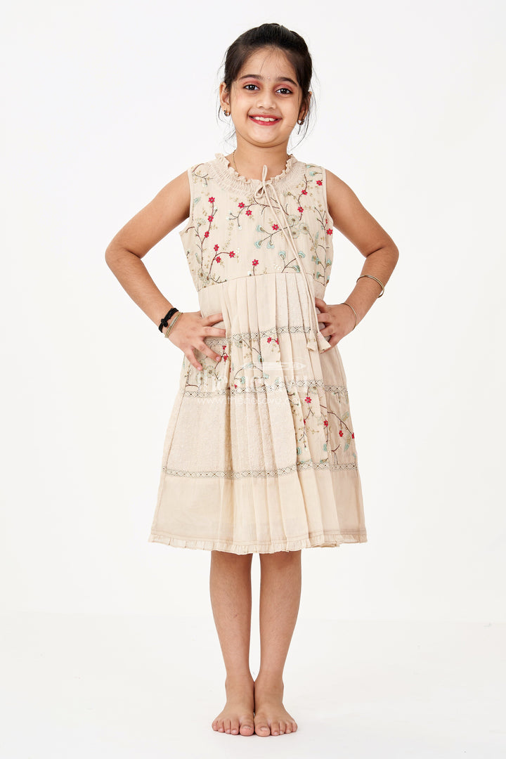 The Nesavu Girls Cotton Frock Girls Cream Frock for Kids with Floral Embroidery and Pleats for Everyday Elegance Nesavu Girls Cream Frock Kids Embroidery Pleated Skirt Casual Festive Wear | The Nesavu
