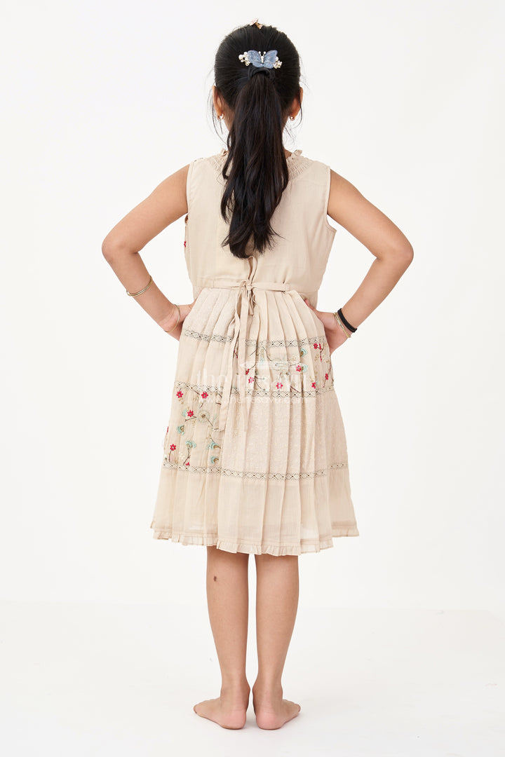 The Nesavu Girls Cotton Frock Girls Cream Frock for Kids with Floral Embroidery and Pleats for Everyday Elegance Nesavu Nesavu Girls Cream Frock Kids Embroidery Pleated Skirt Casual Festive Wear