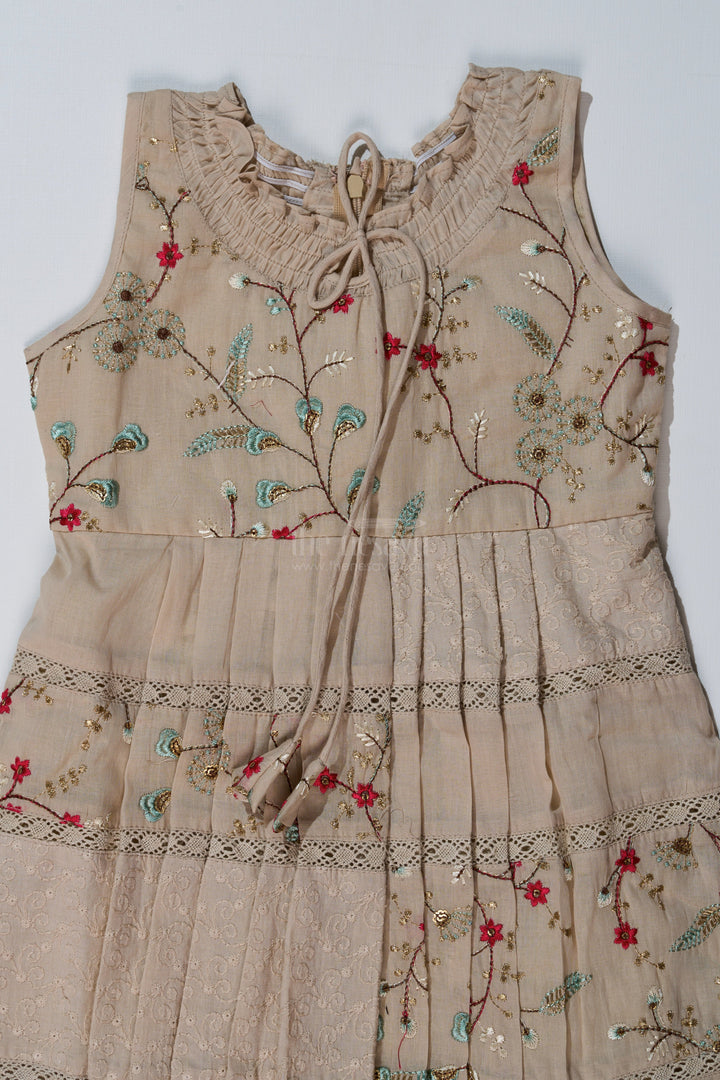 The Nesavu Girls Cotton Frock Girls Cream Frock for Kids with Floral Embroidery and Pleats for Everyday Elegance Nesavu Nesavu Girls Cream Frock Kids Embroidery Pleated Skirt Casual Festive Wear