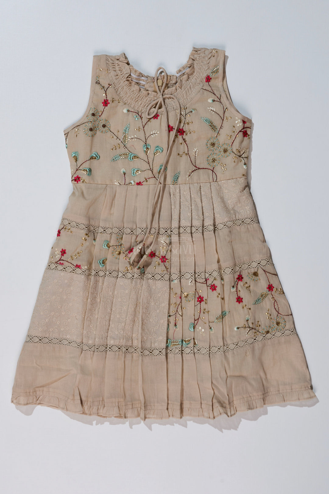The Nesavu Girls Cotton Frock Girls Cream Frock for Kids with Floral Embroidery and Pleats for Everyday Elegance Nesavu Nesavu Girls Cream Frock Kids Embroidery Pleated Skirt Casual Festive Wear