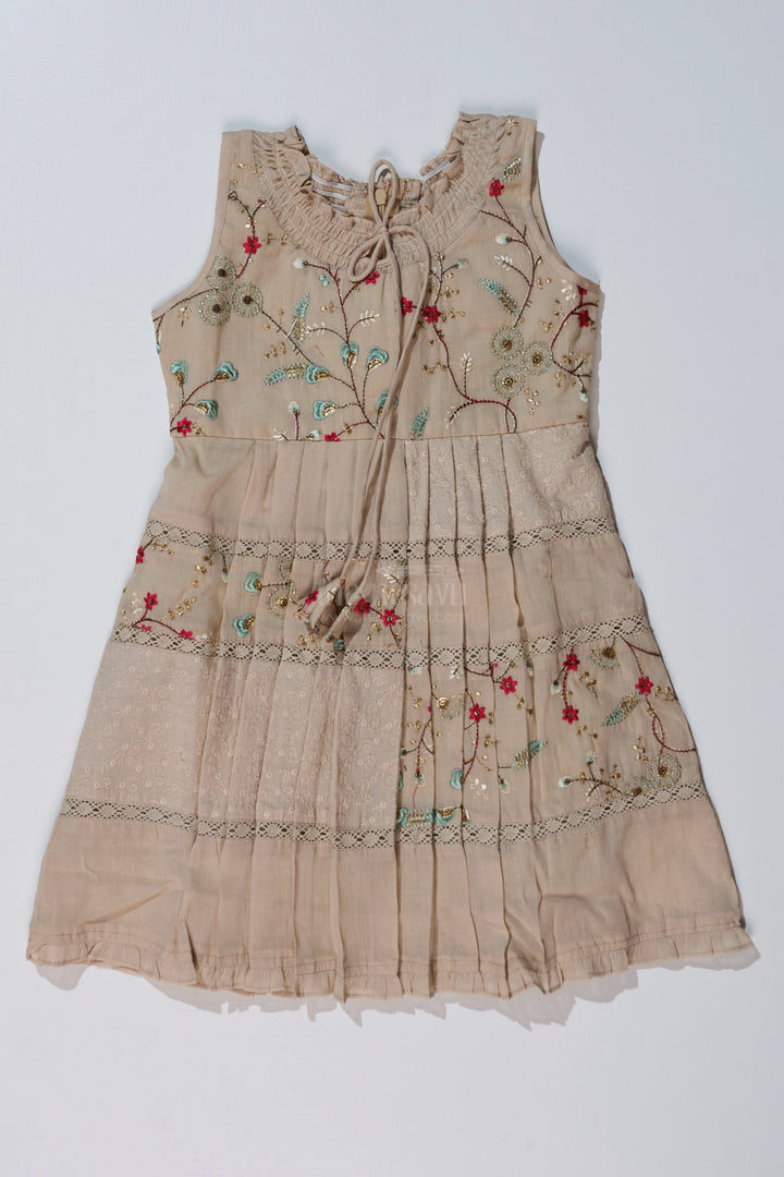 The Nesavu Girls Cotton Frock Girls Cream Frock for Kids with Floral Embroidery and Pleats for Everyday Elegance Nesavu Nesavu Girls Cream Frock Kids Embroidery Pleated Skirt Casual Festive Wear