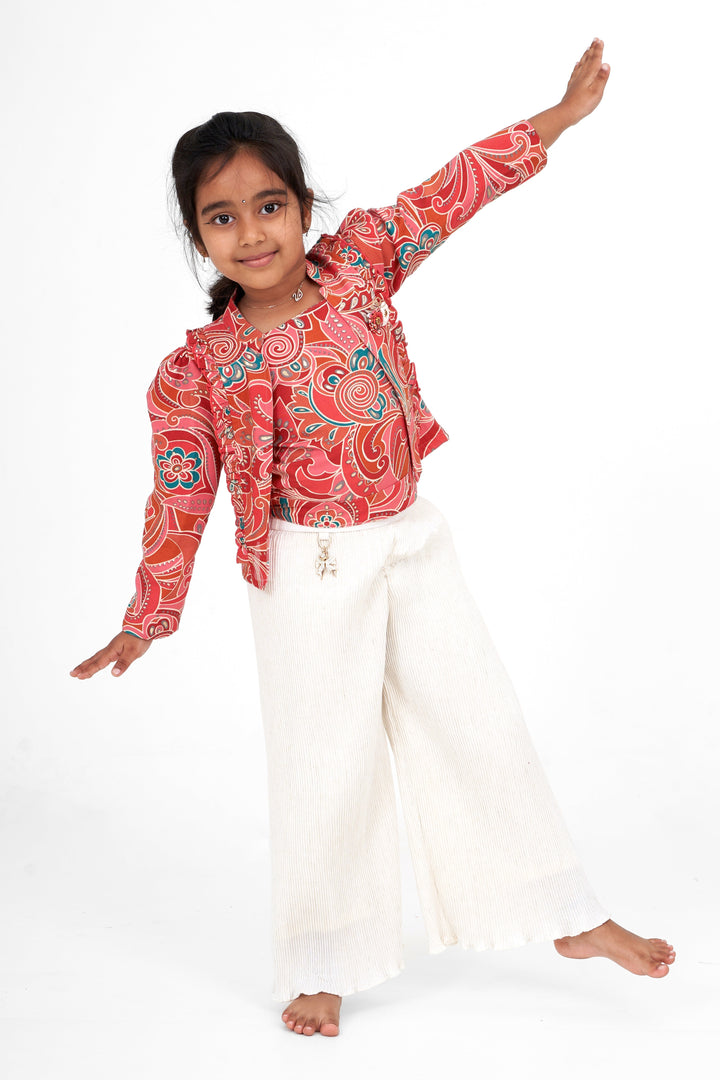 The Nesavu Girls Sharara / Plazo Set Girls Cream Garara Sharara Set with Vibrant Printed Blazer and Palazzo Pants Nesavu 18 (2Y) / Cream GPS455A-18 Nesavu Girls Cream Garara Sharara Printed Blazer Palazzo Festive Elegance