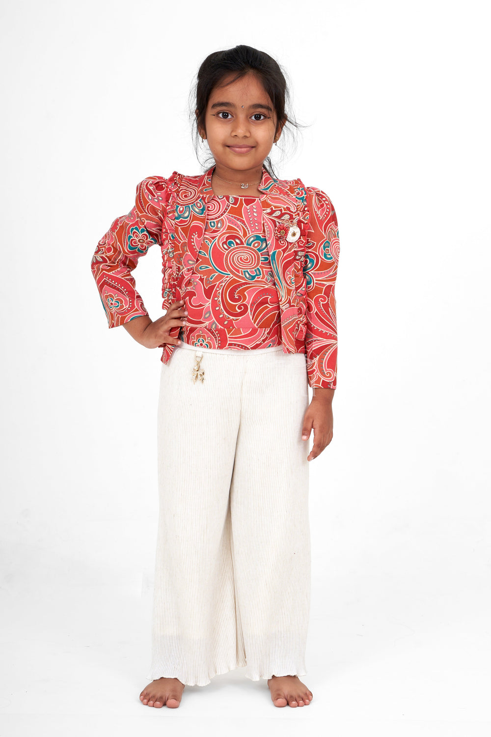 The Nesavu Girls Sharara / Plazo Set Girls Cream Garara Sharara Set with Vibrant Printed Blazer and Palazzo Pants Nesavu Nesavu Girls Cream Garara Sharara Printed Blazer Palazzo Festive Elegance