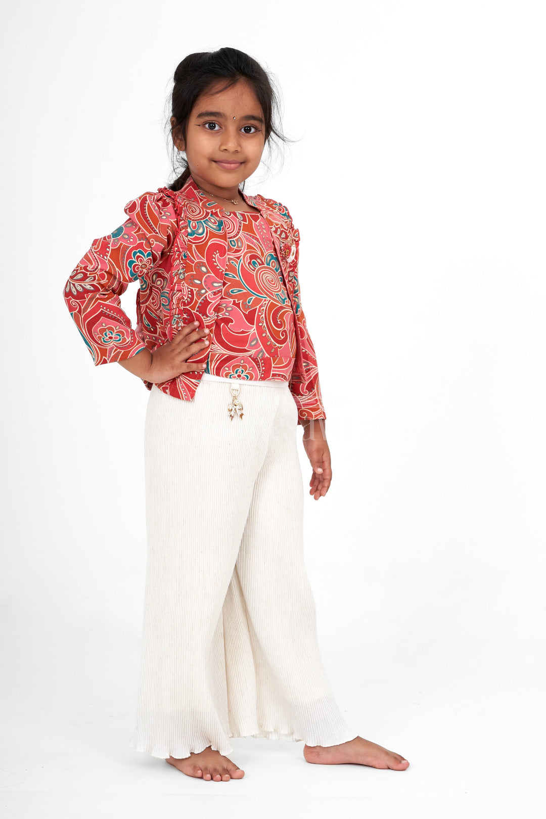 The Nesavu Girls Sharara / Plazo Set Girls Cream Garara Sharara Set with Vibrant Printed Blazer and Palazzo Pants Nesavu Nesavu Girls Cream Garara Sharara Printed Blazer Palazzo Festive Elegance