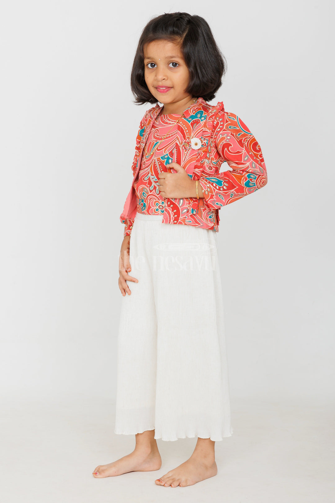 The Nesavu Girls Sharara / Plazo Set Girls Cream Garara Sharara Set with Vibrant Printed Blazer and Palazzo Pants Nesavu Nesavu Girls Cream Garara Sharara Printed Blazer Palazzo Festive Elegance