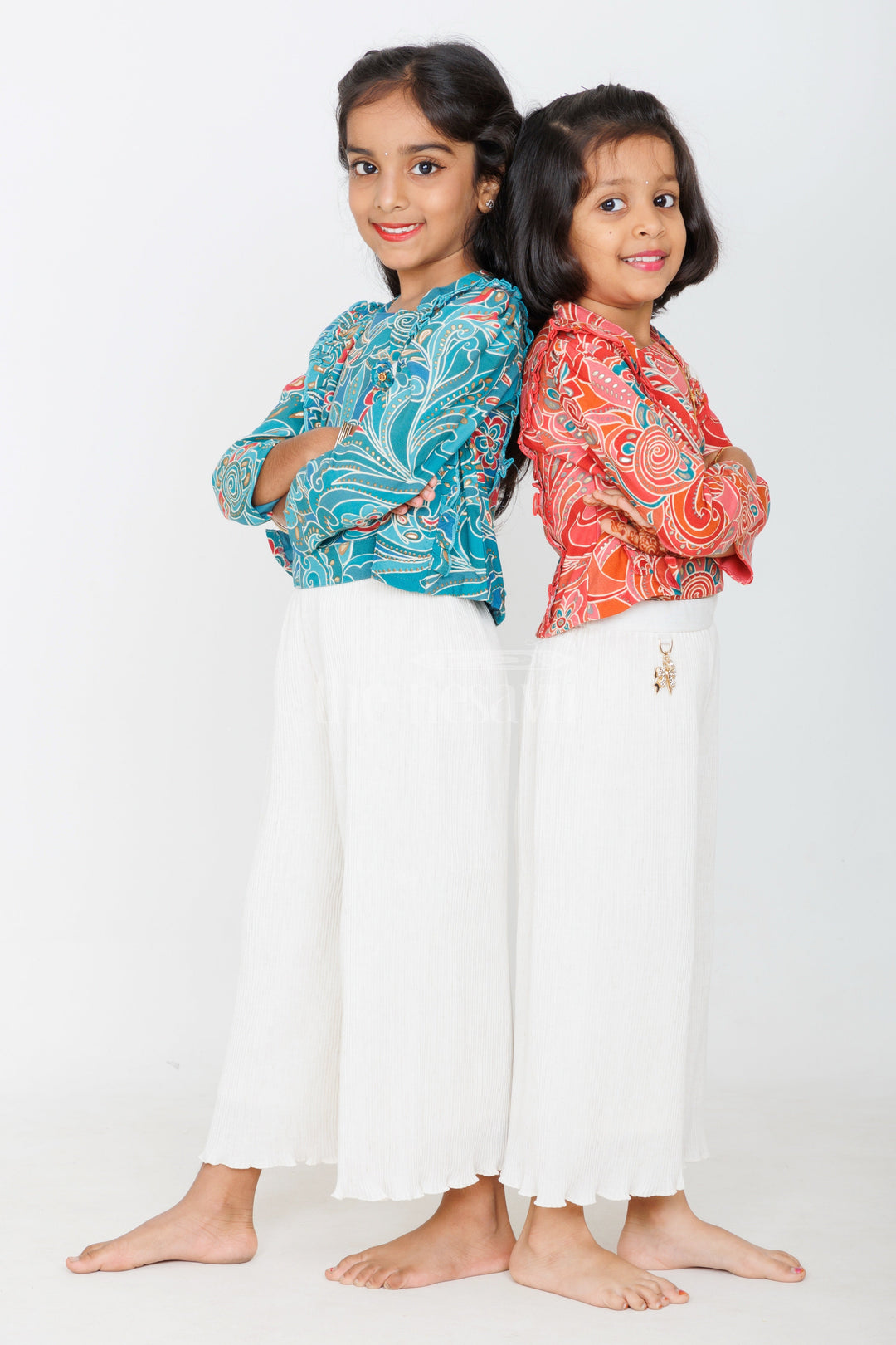 The Nesavu Girls Sharara / Plazo Set Girls Cream Garara Sharara Set with Vibrant Printed Blazer and Palazzo Pants Nesavu Nesavu Girls Cream Garara Sharara Printed Blazer Palazzo Festive Elegance