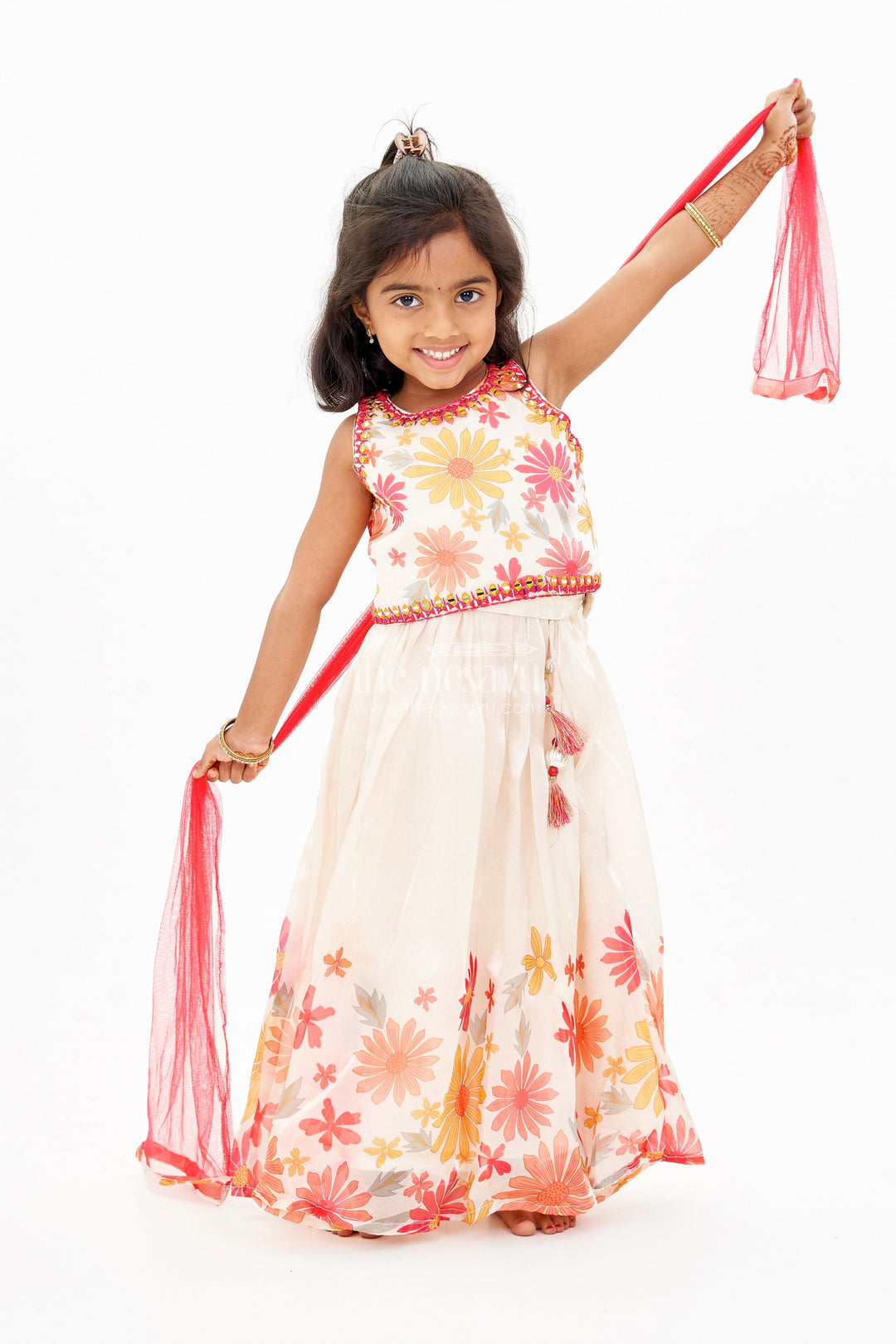 The Nesavu Girls Lehenga Choli Girls Cream Lehenga Choli in Glaze Organza with Digital Floral Print and Tassel Accents Nesavu 16 (1Y) / Cream GL606A-16 Girls Cream Lehenga Choli Glaze Organza Digital Floral Print Mirrorwork | The Nesavu