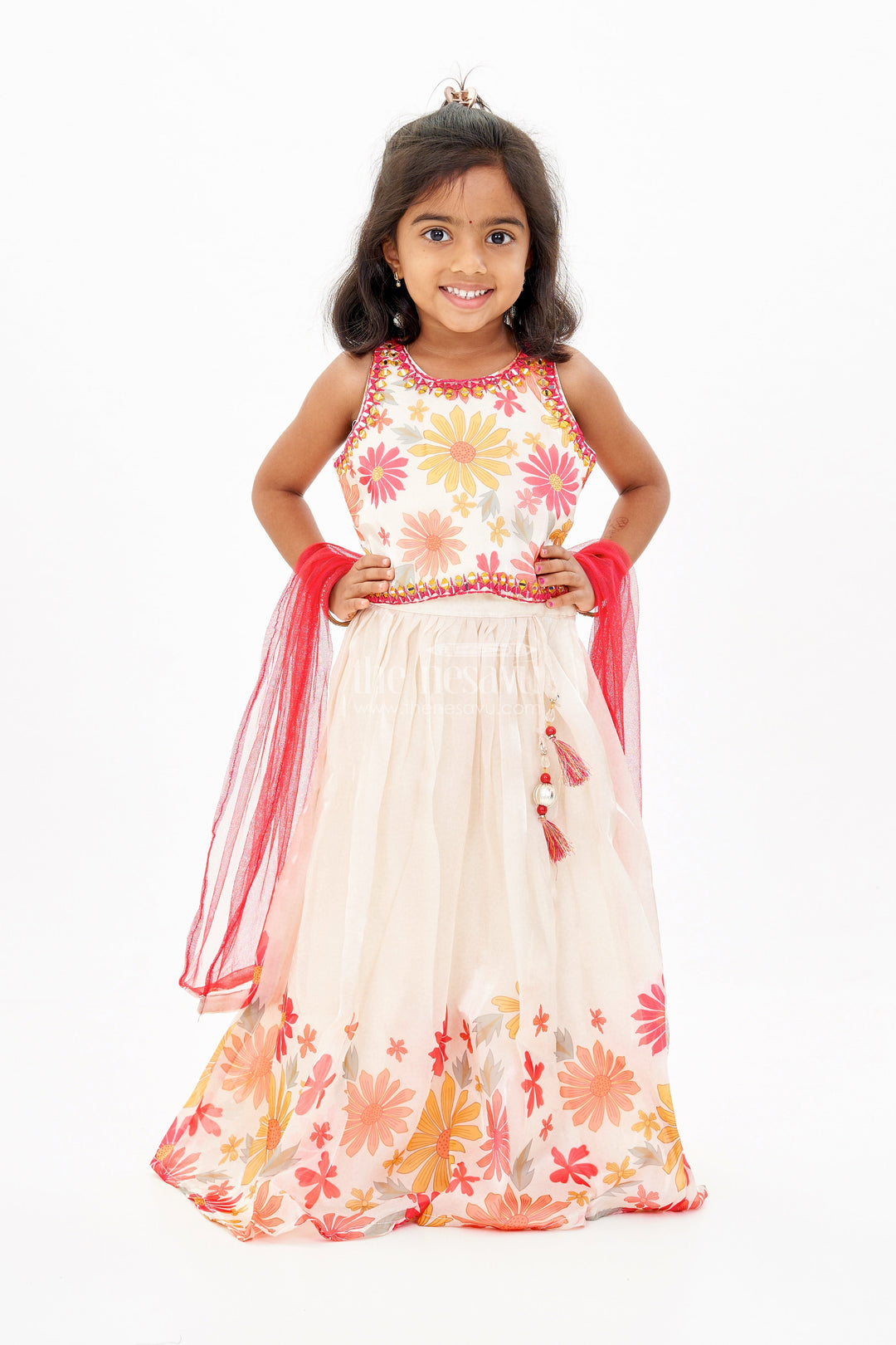 The Nesavu Girls Lehenga Choli Girls Cream Lehenga Choli in Glaze Organza with Digital Floral Print and Tassel Accents Nesavu Girls Cream Lehenga Choli Glaze Organza Digital Floral Print Mirrorwork | The Nesavu