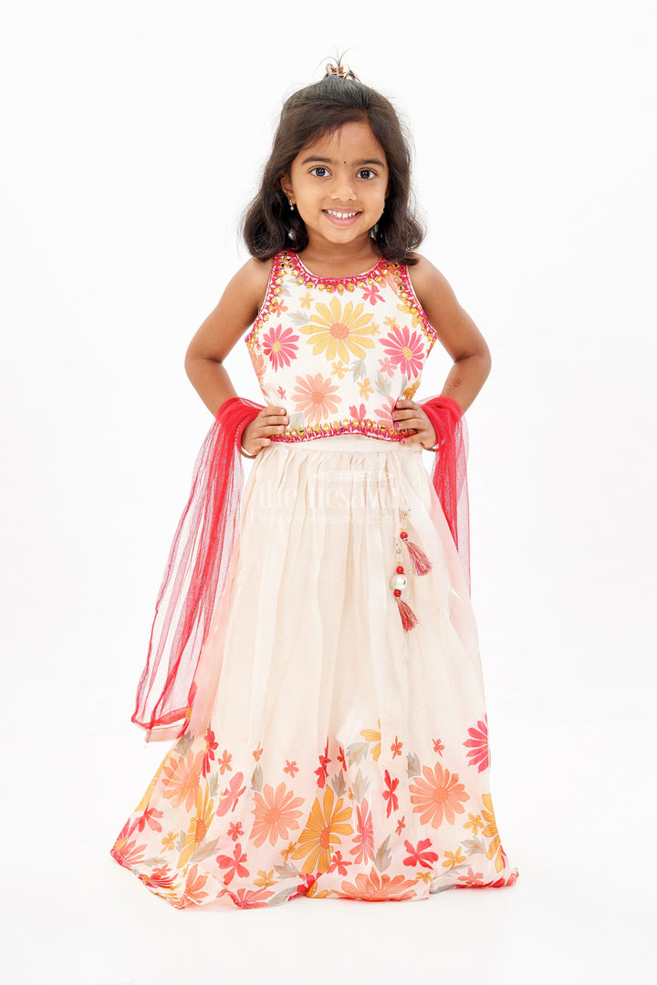 The Nesavu Girls Lehenga Choli Girls Cream Lehenga Choli in Glaze Organza with Digital Floral Print and Tassel Accents Nesavu Girls Cream Lehenga Choli Glaze Organza Digital Floral Print Mirrorwork | The Nesavu