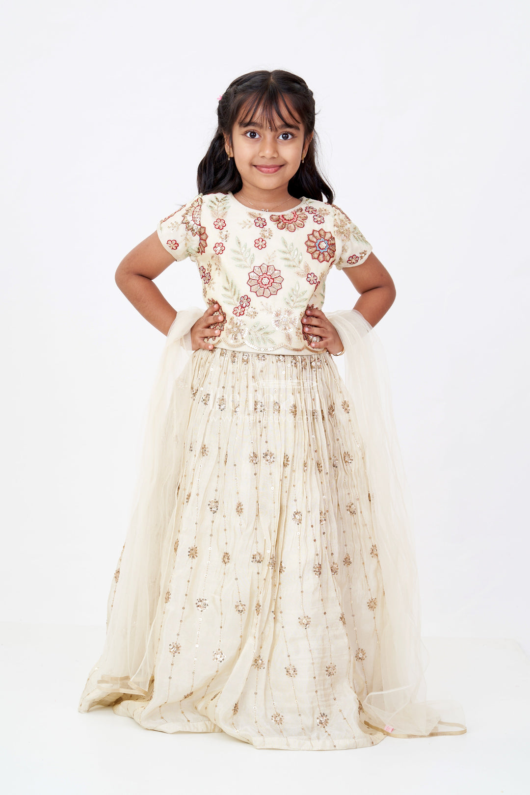 The Nesavu Girls Lehenga Choli Girls Cream Lehenga Choli in Shimmer Viscose Silk with Floral Embroidery and Dupatta Nesavu 16 (1Y) / Cream GL605A-16 Girls Cream Lehenga Choli Shimmer Viscose Silk Floral Embroidery Dupatta | The Nesavu