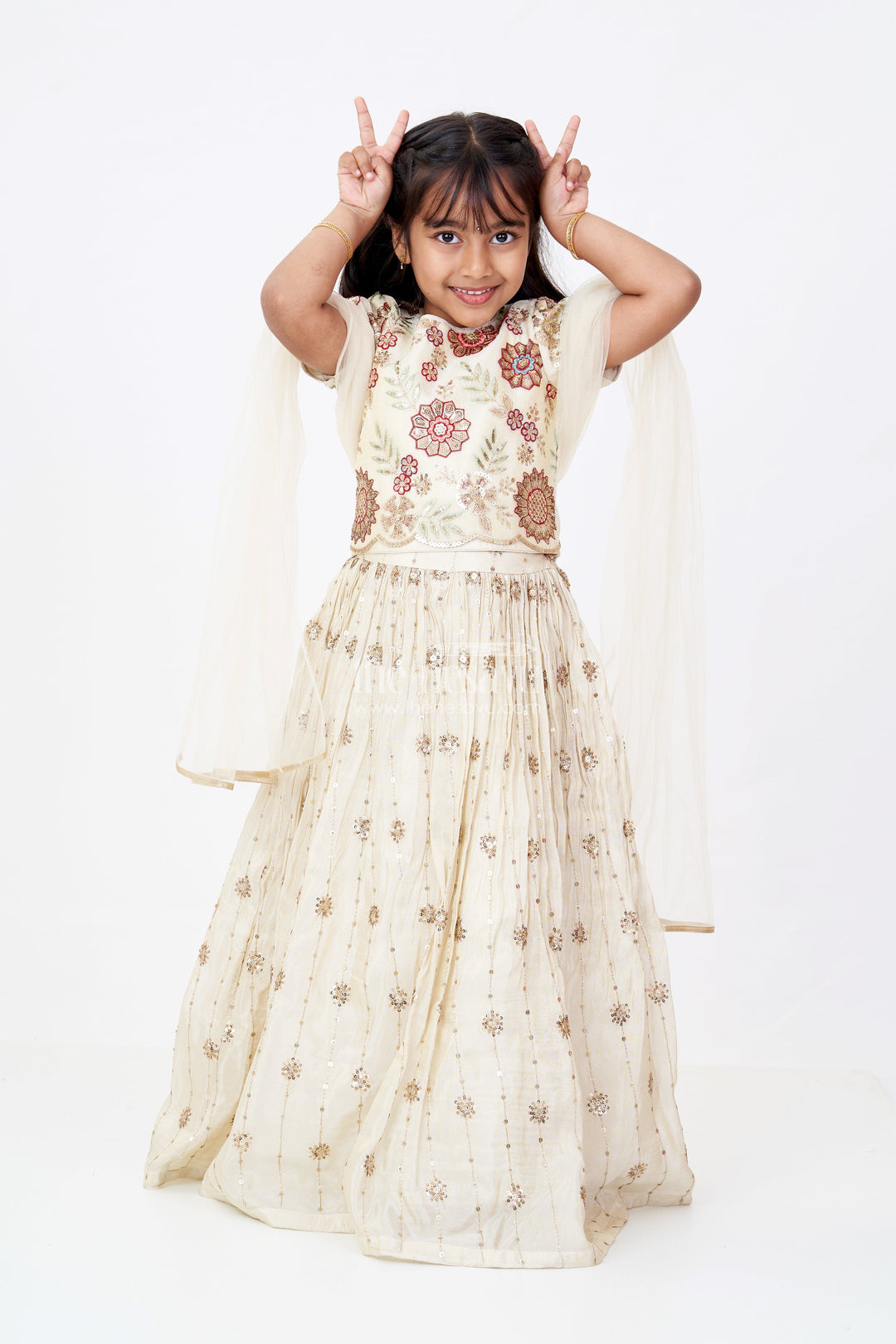 The Nesavu Girls Lehenga Choli Girls Cream Lehenga Choli in Shimmer Viscose Silk with Floral Embroidery and Dupatta Nesavu Girls Cream Lehenga Choli Shimmer Viscose Silk Floral Embroidery Dupatta | The Nesavu