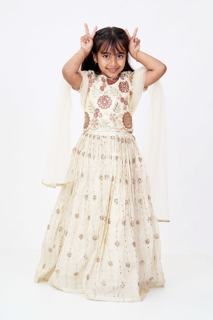 The Nesavu Girls Lehenga Choli Girls Cream Lehenga Choli in Shimmer Viscose Silk with Floral Embroidery and Dupatta Nesavu Girls Cream Lehenga Choli Shimmer Viscose Silk Floral Embroidery Dupatta | The Nesavu