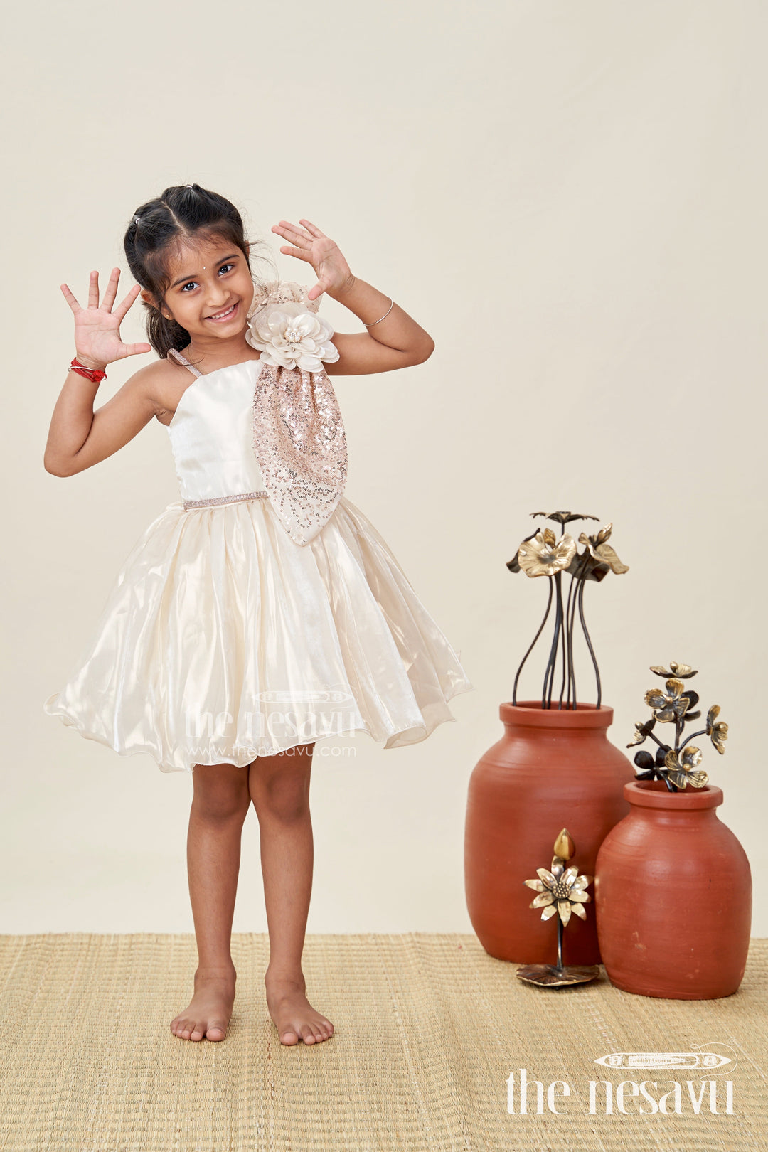 The Nesavu Girls Fancy Party Frock Girls Cream Organza Frock New Model Design with Sequin Work and Floral Appliqué Accents Nesavu 16 (1Y) / Gold PF224B-16 Nesavu Girls Cream Glaze Organza Dress Sequin Flower Detail frock new model design