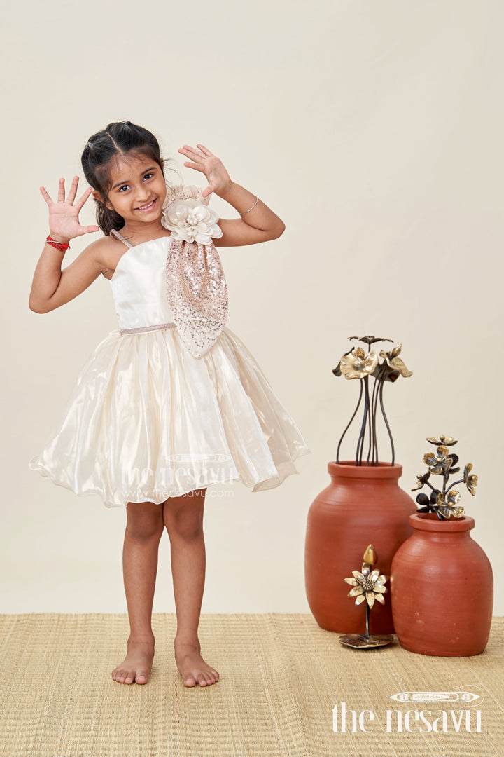 The Nesavu Girls Fancy Party Frock Girls Cream Organza Frock New Model Design with Sequin Work and Floral Appliqué Accents Nesavu 16 (1Y) / Gold PF224B-16 Nesavu Girls Cream Glaze Organza Dress Sequin Flower Detail frock new model design