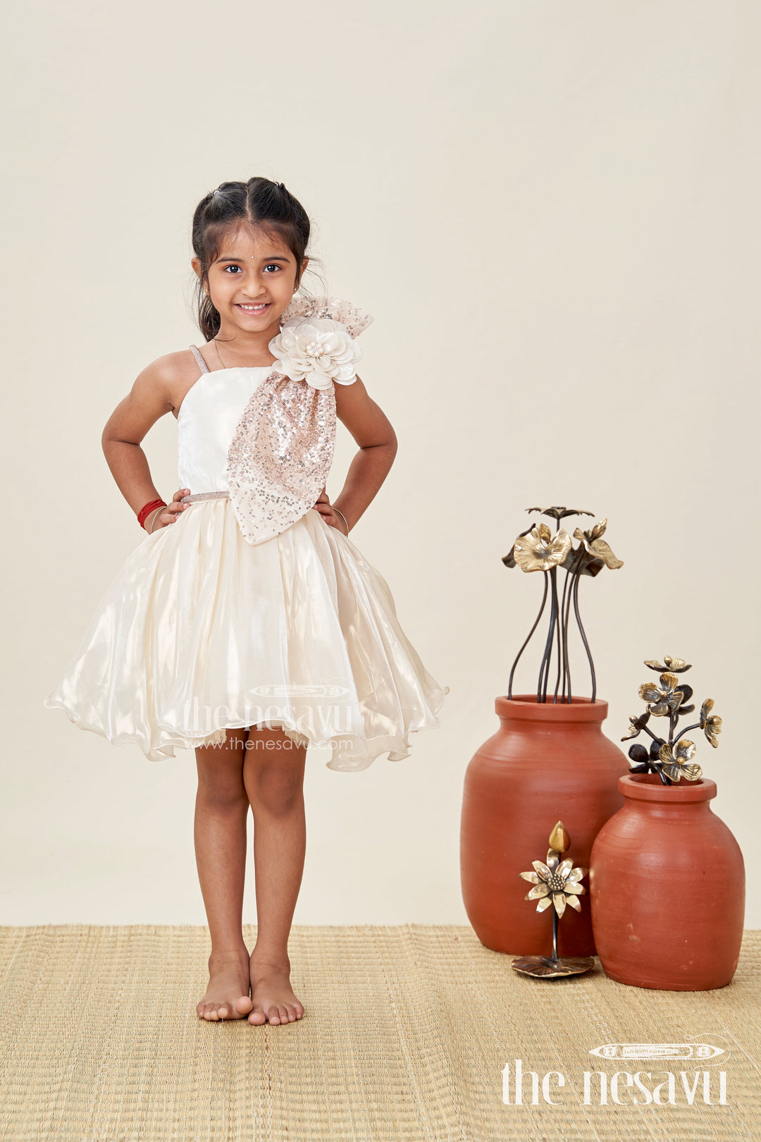 The Nesavu Girls Fancy Party Frock Girls Cream Organza Frock New Model Design with Sequin Work and Floral Appliqué Accents Nesavu Nesavu Girls Cream Glaze Organza Dress Sequin Flower Detail frock new model design