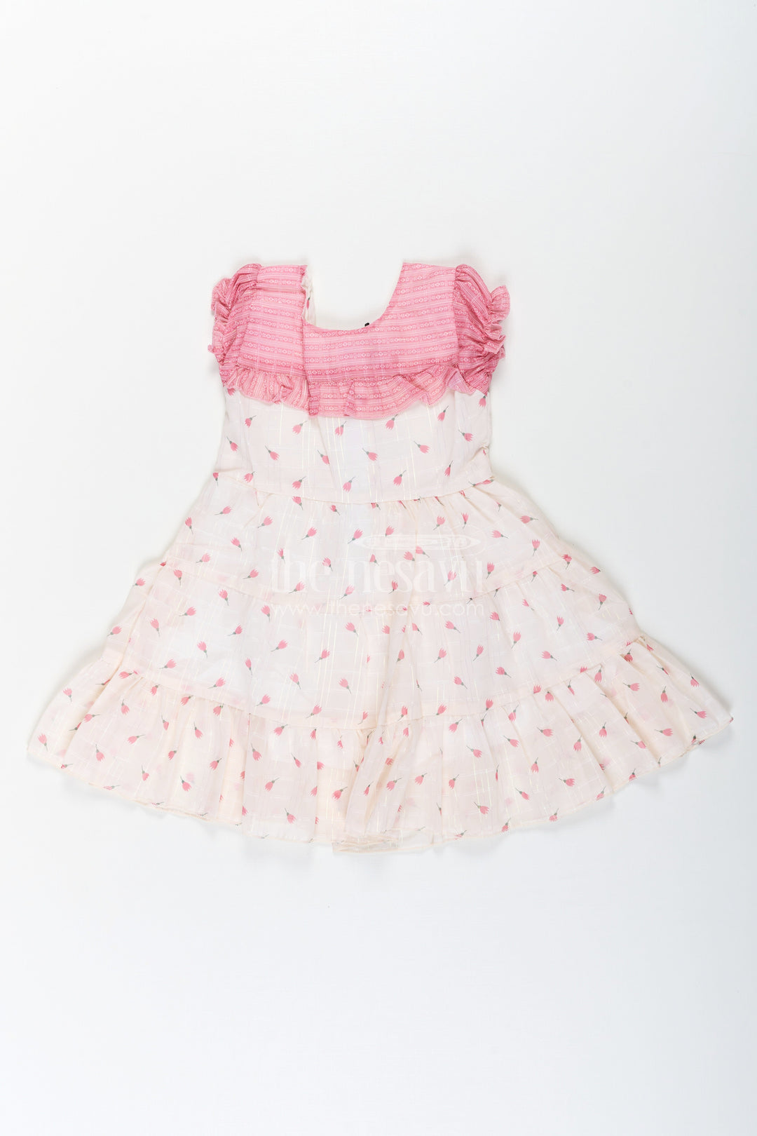The Nesavu Girls Cotton Frock Girls Cream Pink Color Dress in Georgette with Ruffled Neckline and Allover Floral Print Nesavu 22 (4Y) / Pink GFC1676A-22 Nesavu Girls Cream Pink Floral Print Dress Georgette Ruffled Yoke Tiered Design