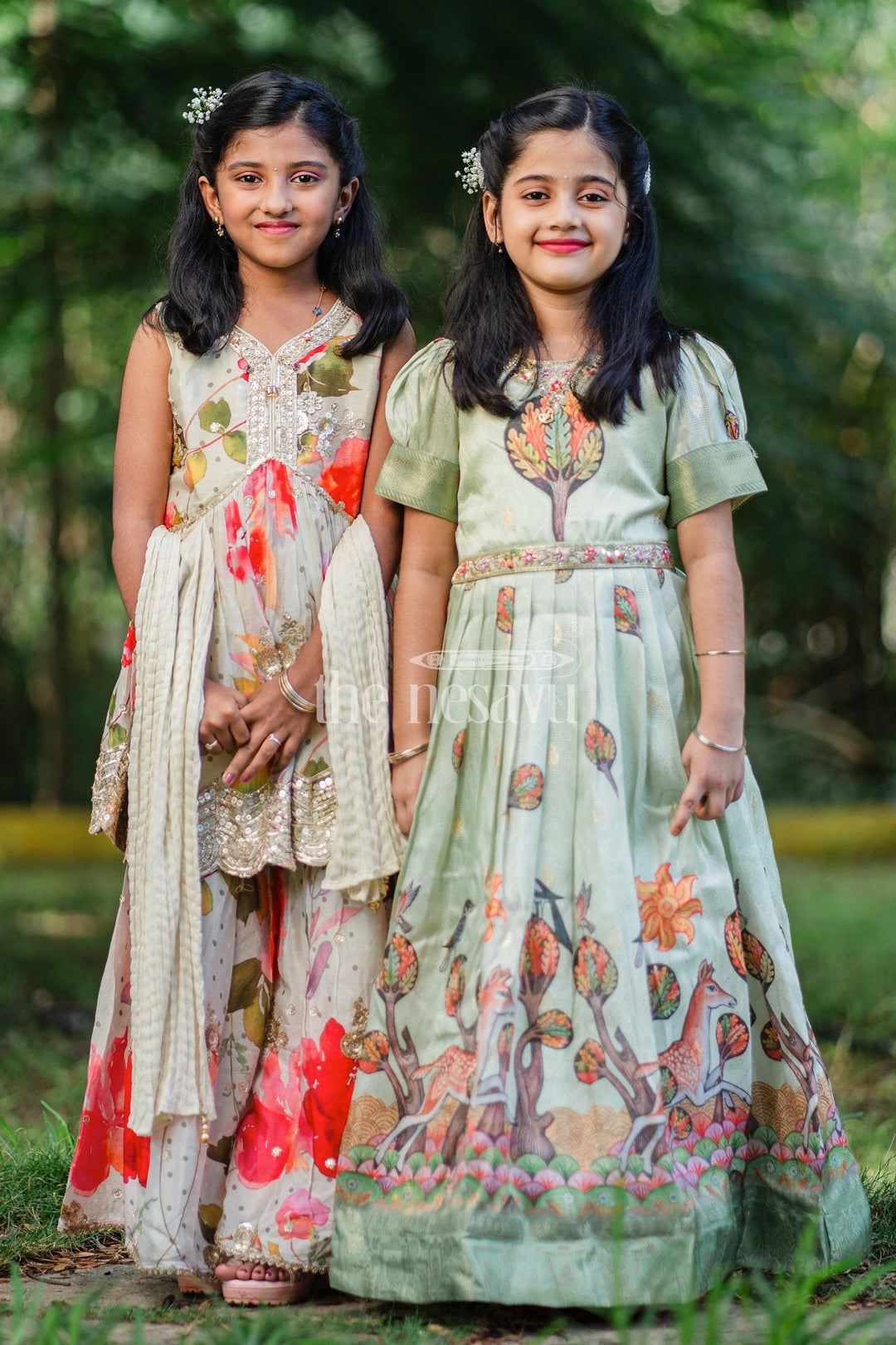 The Nesavu Girls Sharara / Plazo Set Girls Cream Sharara Set with Floral Kurta and Gold Bead Embellishments Nesavu Nesavu Cream Floral Sharara Set Girls Gold Beadwork Pleated Pants