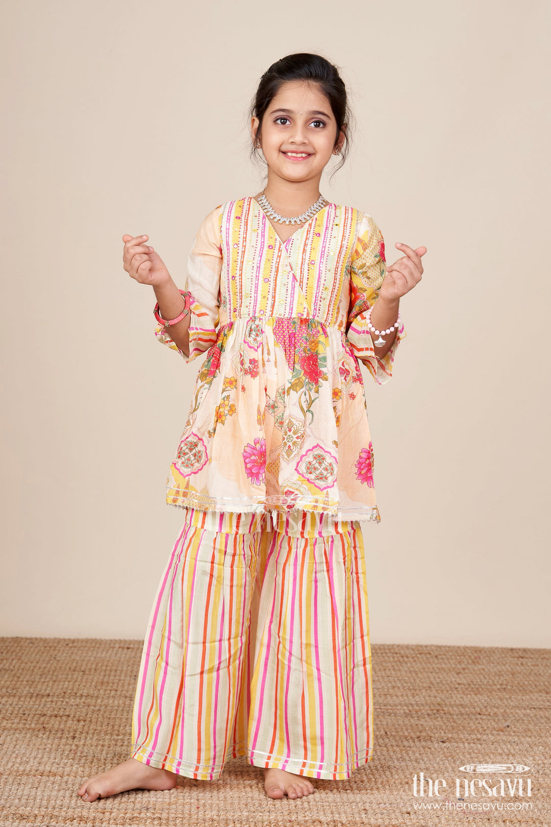 The Nesavu Girls Sharara / Plazo Set Girls Cream Sharara Set with Floral Top for Ethnic Parties and Photoshoots Nesavu 18 (2Y) / Cream GPS855A-18 Nesavu girls cream sharara set floral digital print striped pants  festive party outfit